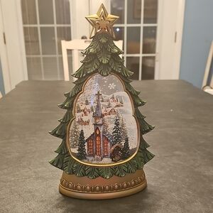 Festive Green and Gold Holiday Tree with Church Scene